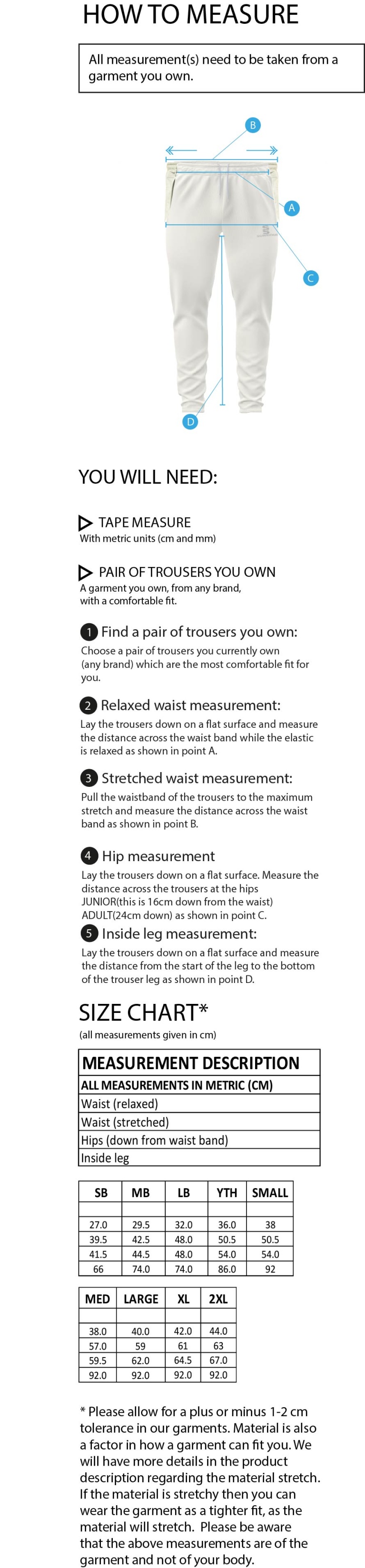 Waltham St Lawrence CC - Blade Coloured Playing Pants - Size Guide