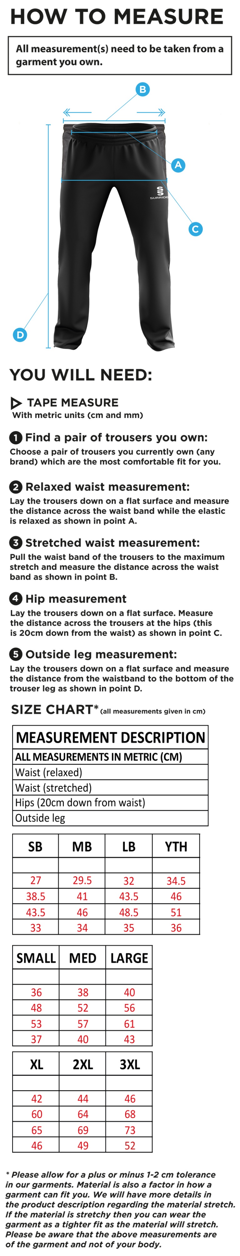 Waltham St Lawrence CC - Rip stop Track Pants - Size Guide