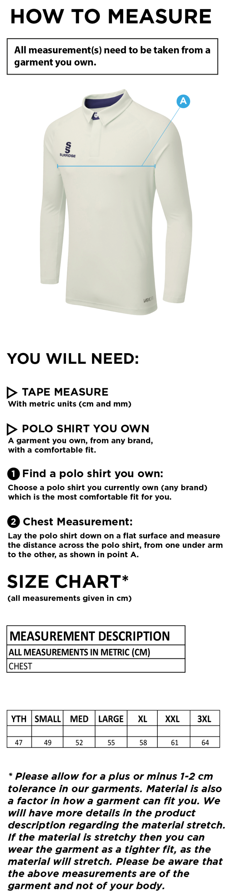 Waltham St Lawrence CC  -Ergo L/S Shirt - Size Guide