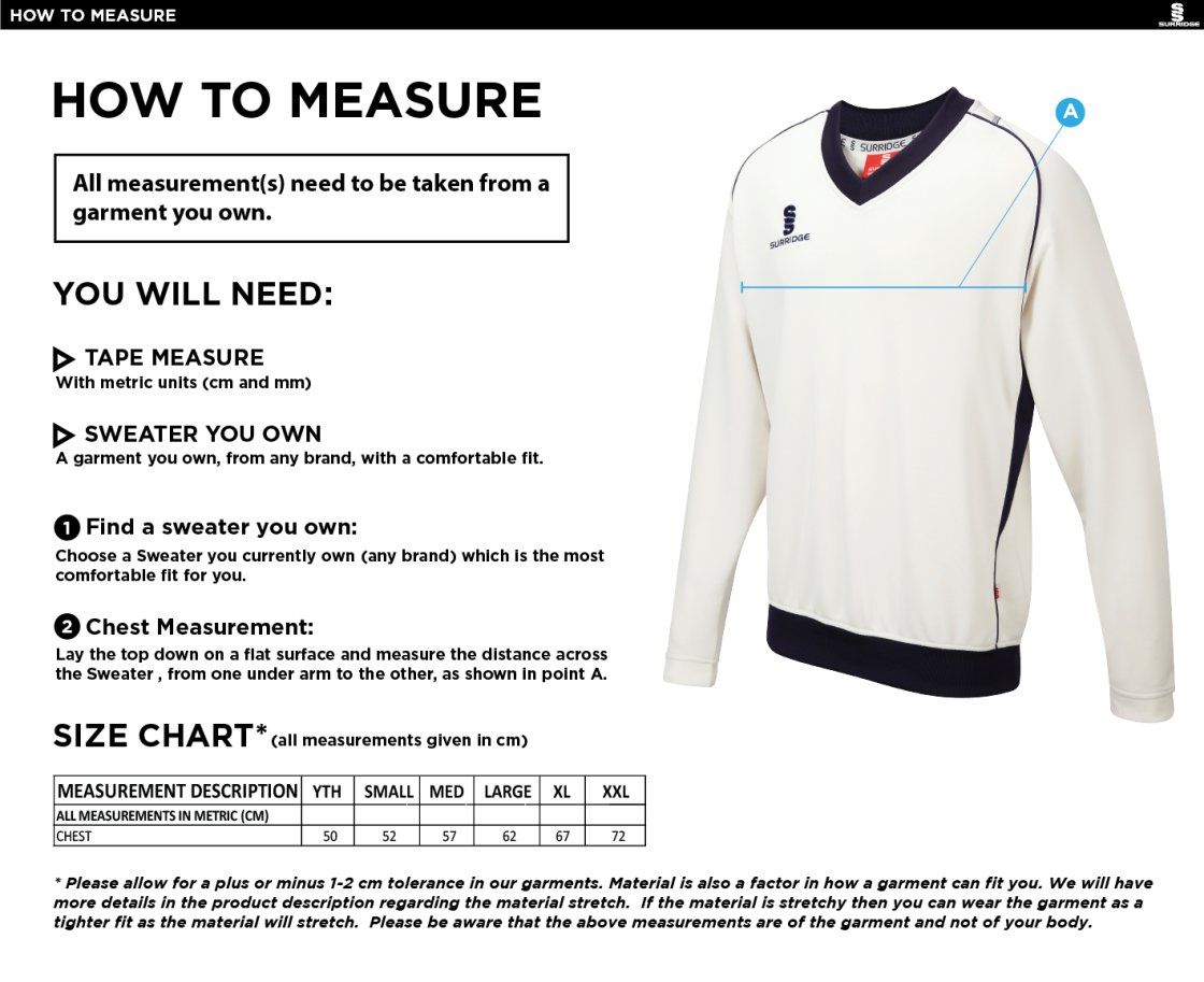 Waltham St Lawrence CC - Curve Long Sleeved Sweater - Size Guide