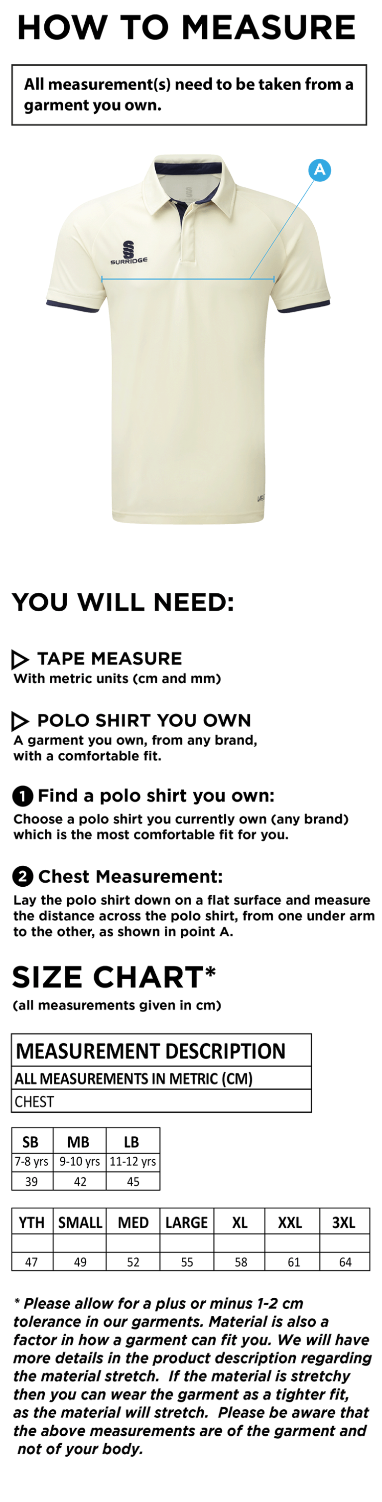 Waltham St Lawrence CC -  Ergo S/S Shirt - Size Guide