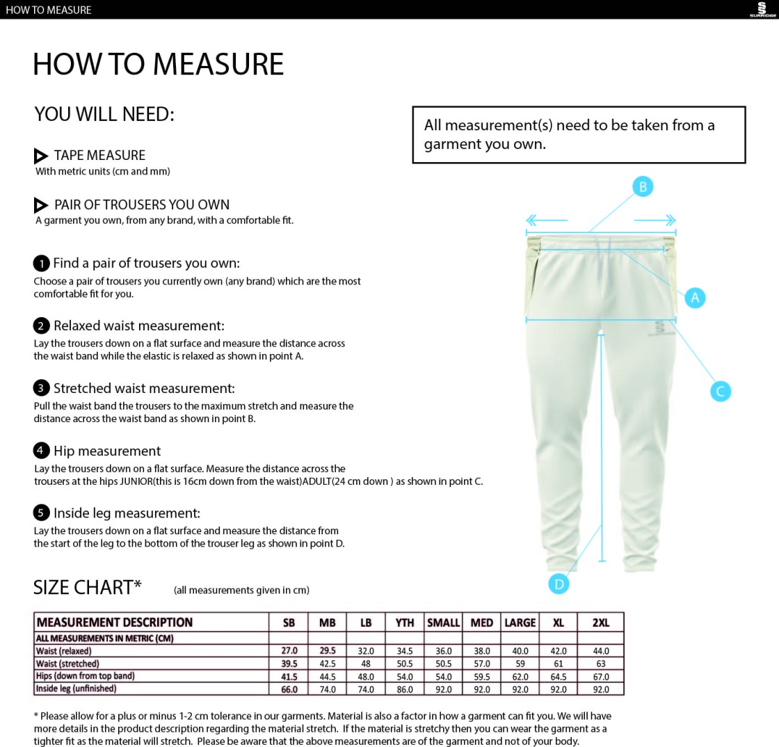 Waltham St Lawrence CC - Blade Coloured Playing Pants - Size Guide
