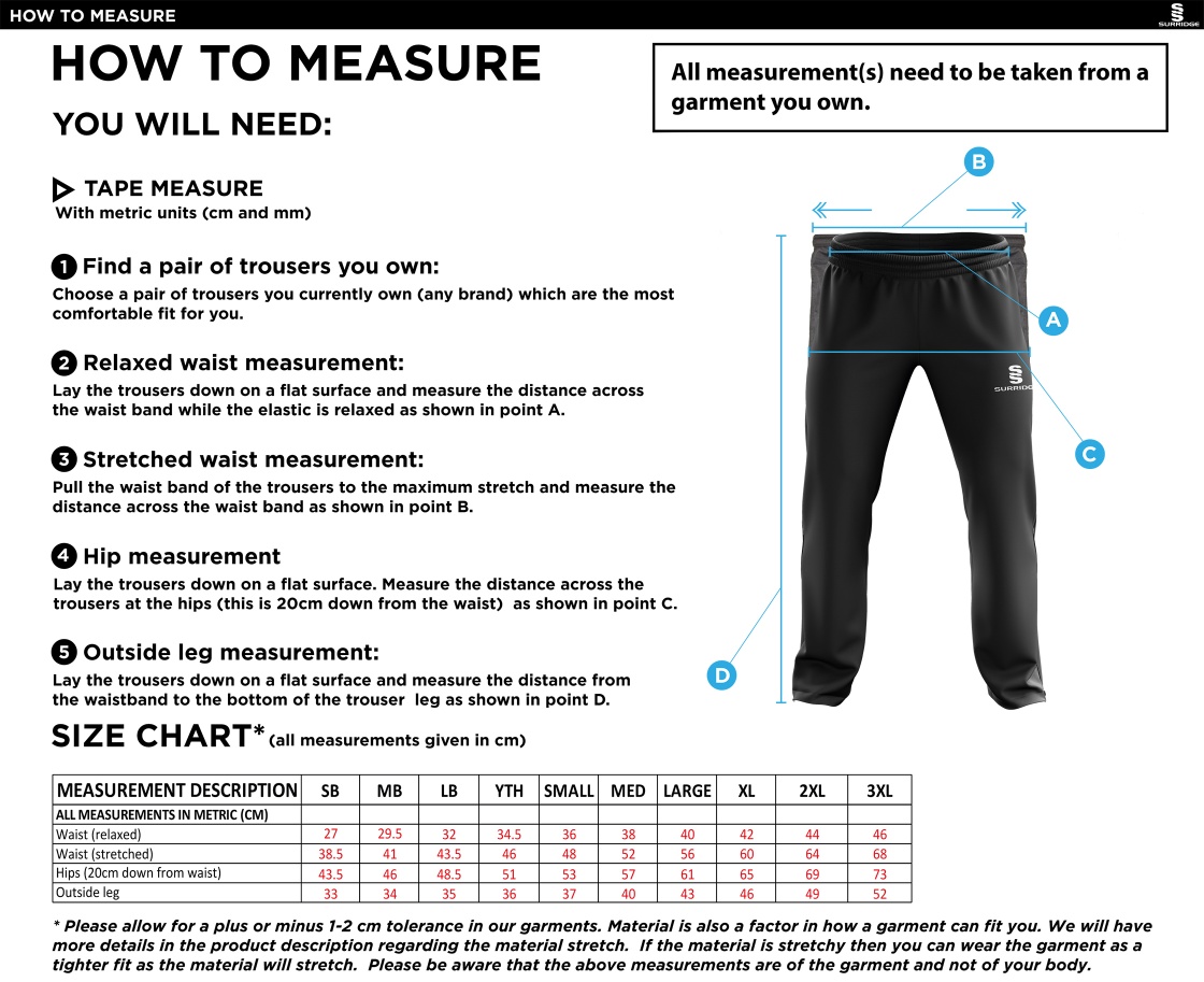 Waltham St Lawrence CC - Rip stop Track Pants - Size Guide