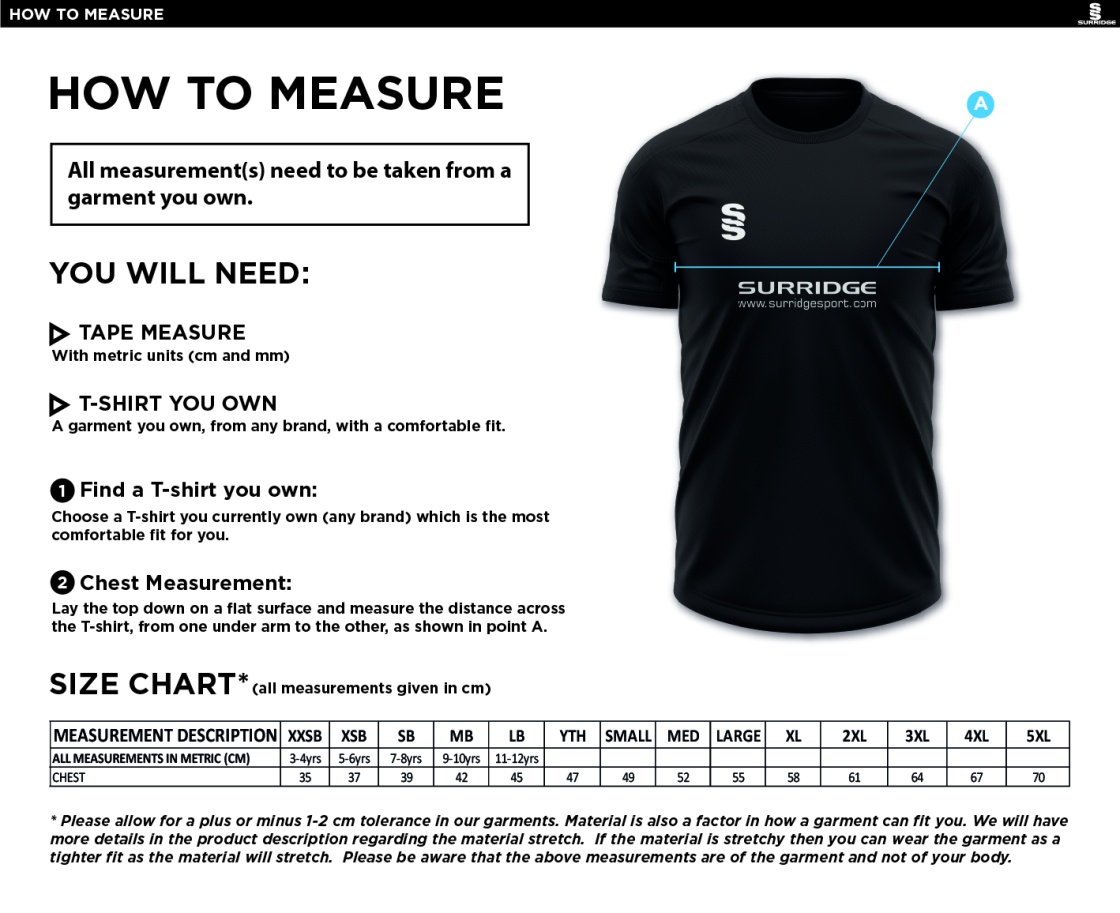Waltham St Lawrence CC - Blade Training Shirt - Size Guide