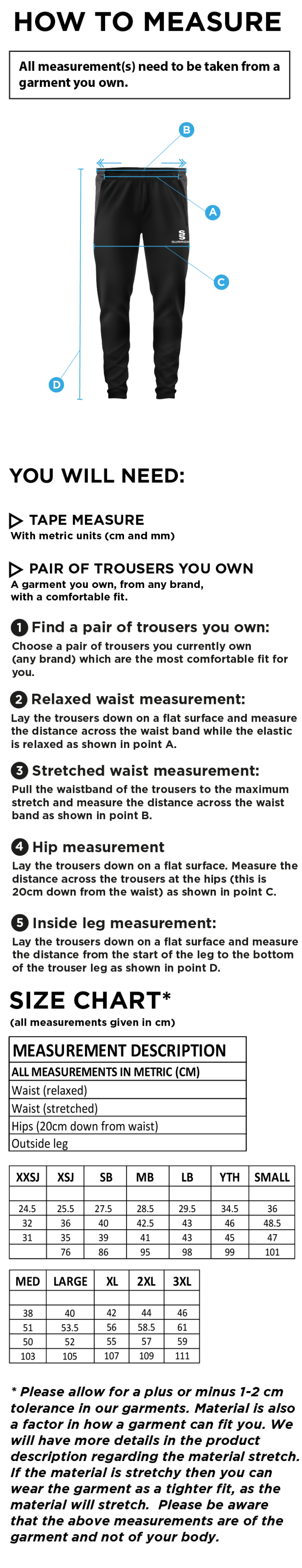 Waltham St Lawrence CC - Tek Pants - Size Guide