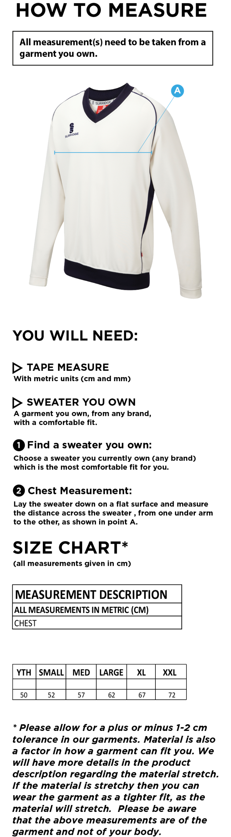 Waltham St Lawrence CC - Curve Long Sleeved Sweater - Size Guide